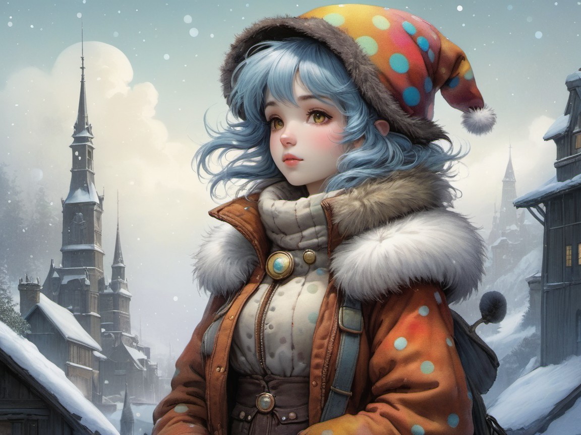Young girl in snowy village with blue hair and hat