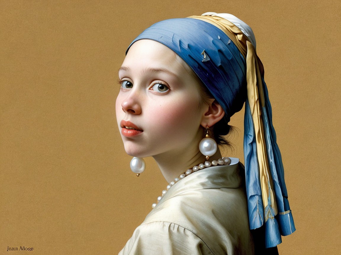 Young Woman in Blue and White Headscarf with Pearls