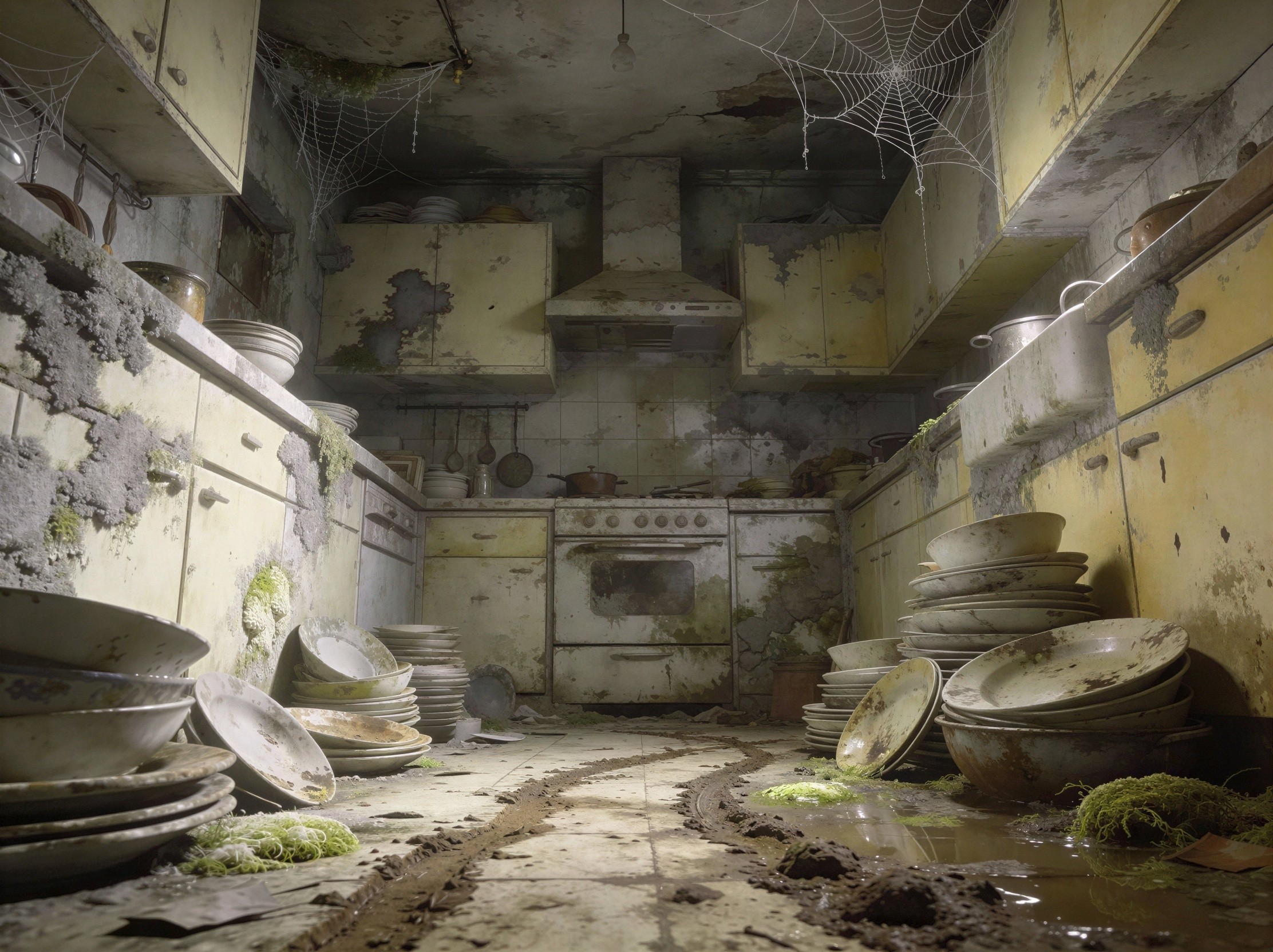 Abandoned Kitchen Overgrown with Dirt and Fungi