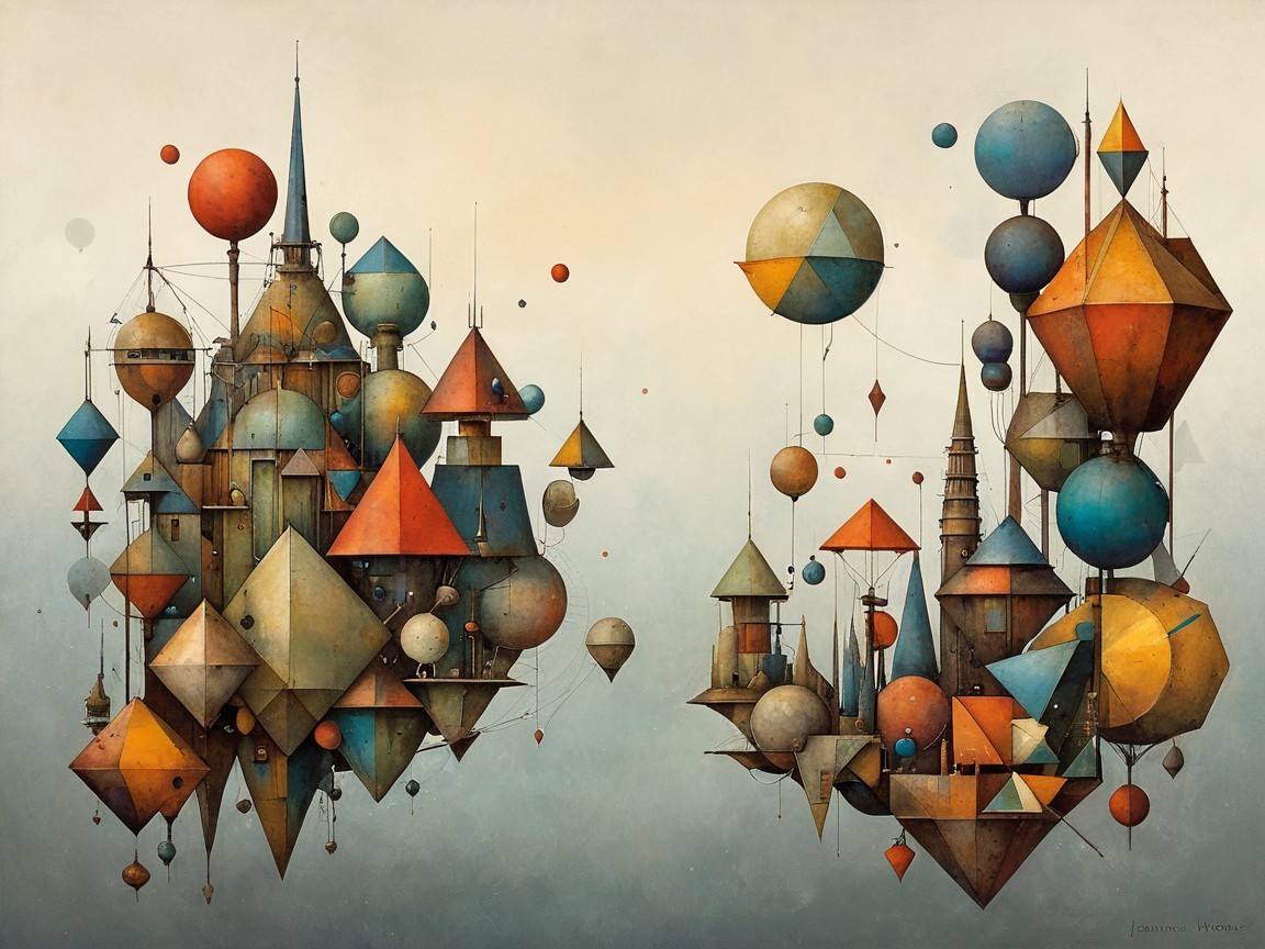 Surreal Landscape with Floating Geometric Structures