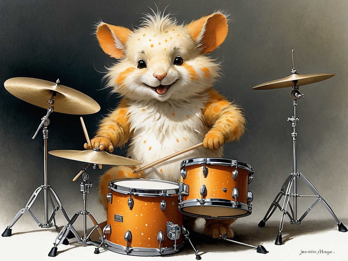 Fluffy Orange and White Creature Playing Drums