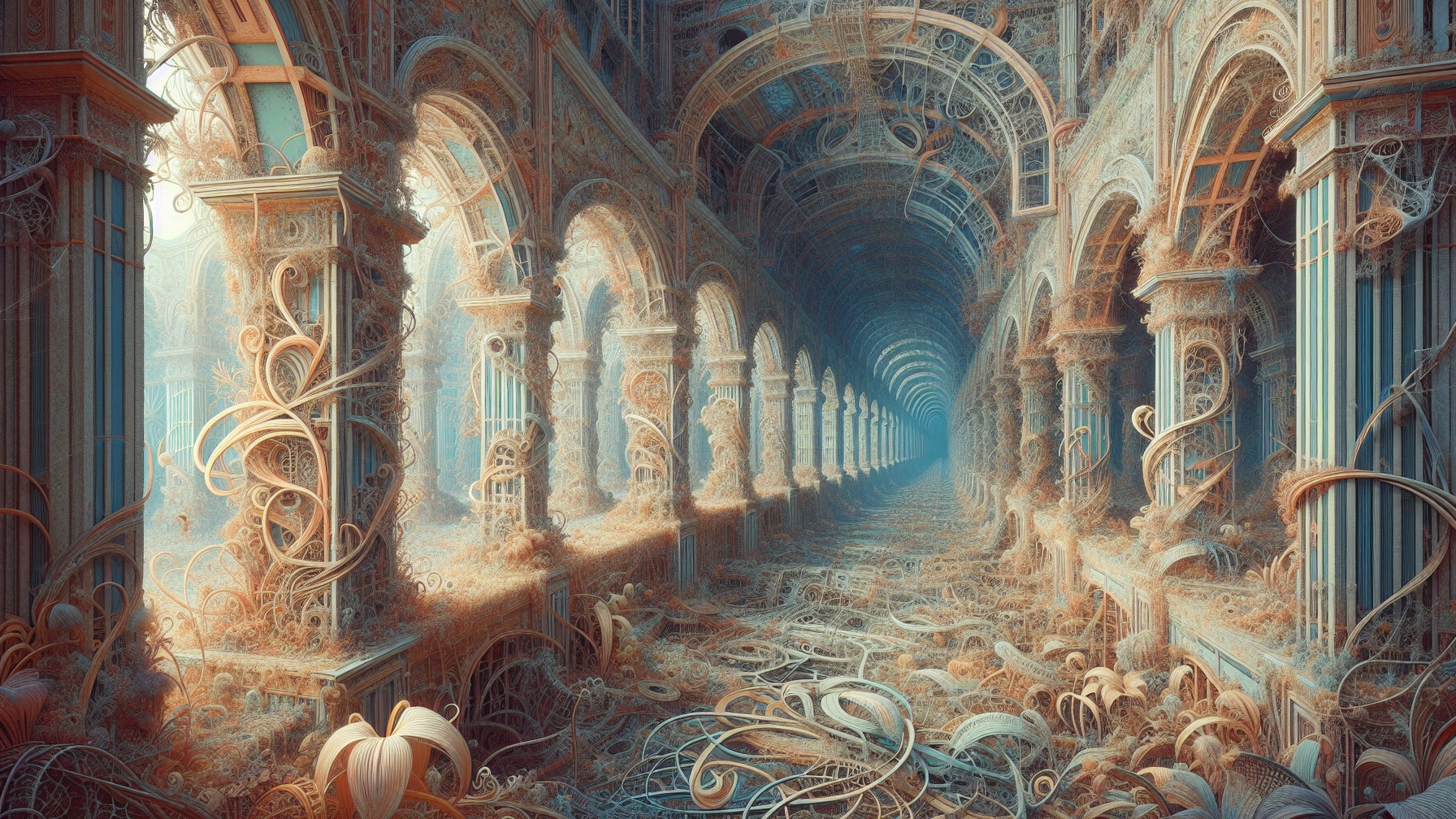 Surreal Corridor with Arches and Organic Tendrils