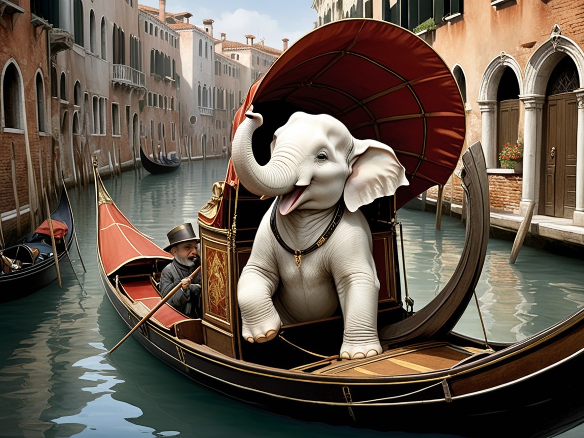 Elephant in Gondola on Venetian Canal Scene