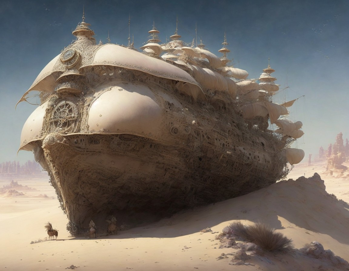 Colossal Ornate Ship Stranded in Desert Landscape