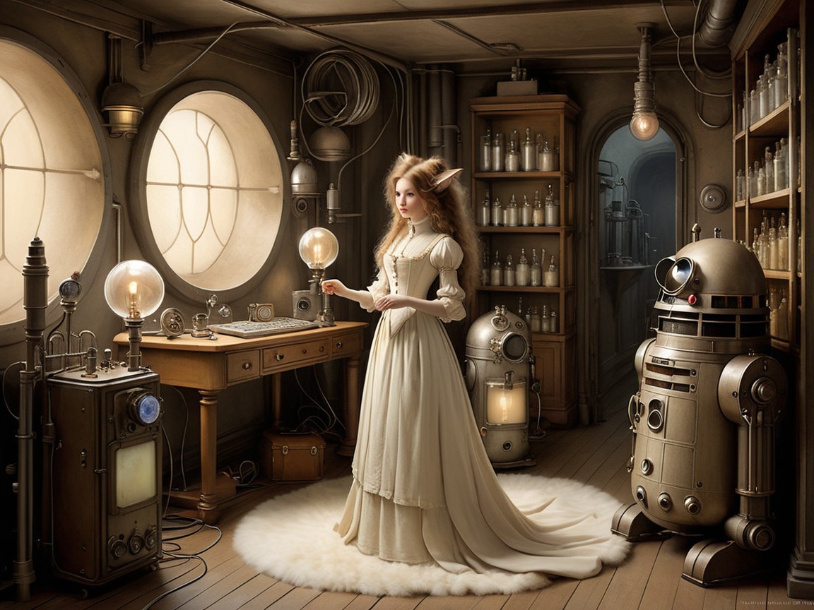 Vintage Laboratory with Elf-like Woman and Robots