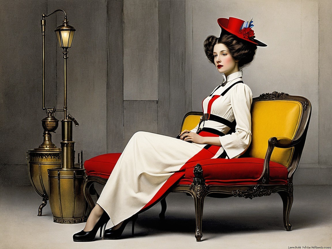 Elegant Woman in White Dress on Vintage Settee