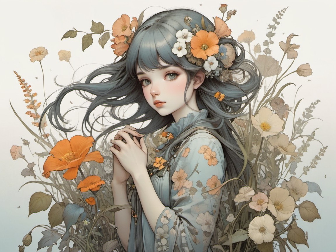 Serene Woman with Blue Hair Surrounded by Flowers