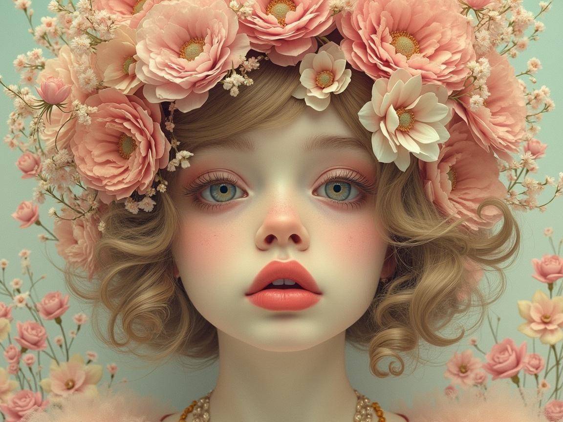 Portrait of a Young Girl with Floral Crown and Pastels