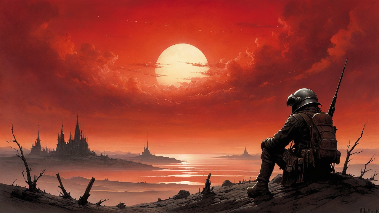 Futuristic figure in desolate landscape at sunset