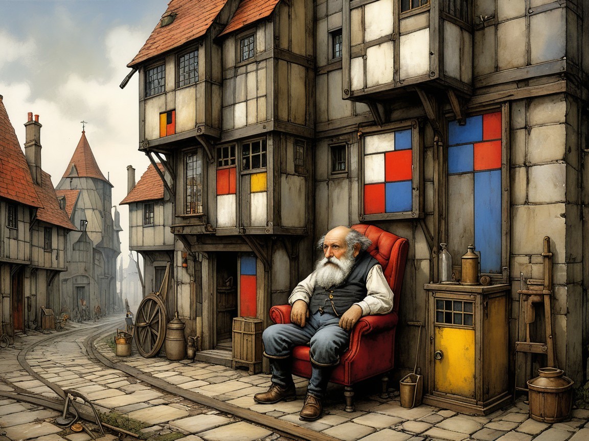 Elderly Man in Red Chair on Quaint Cobblestone Street