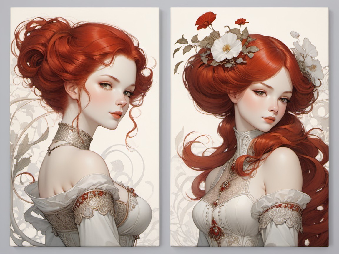 Portraits of a Young Woman with Red Hair and Dress