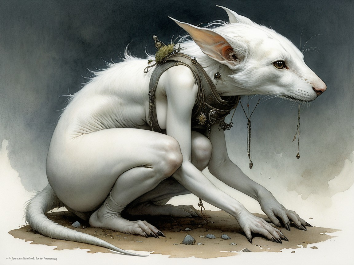 Surreal creature with white fur and elongated ears