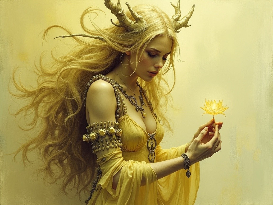 Mystical Figure with Antlers and Luminescent Flower