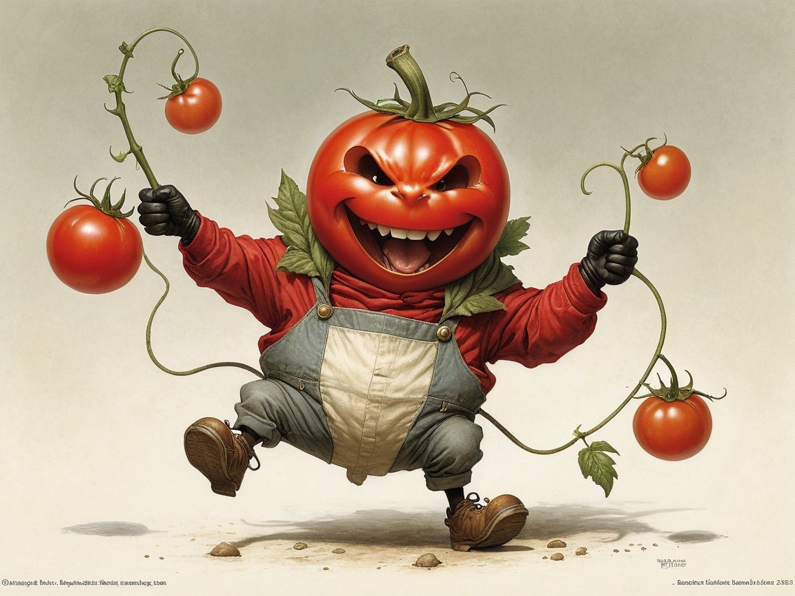 Whimsical Tomato Character in Colorful Overalls