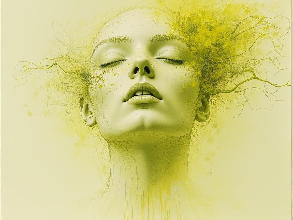 Serene Woman's Face with Yellow Swirl and Tranquility