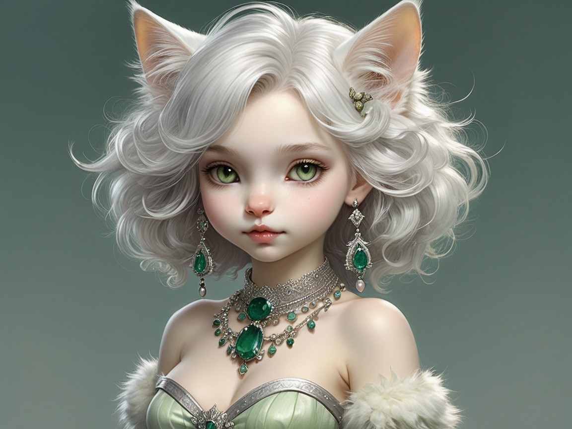 Whimsical Character with Human-Feline Traits and Gown