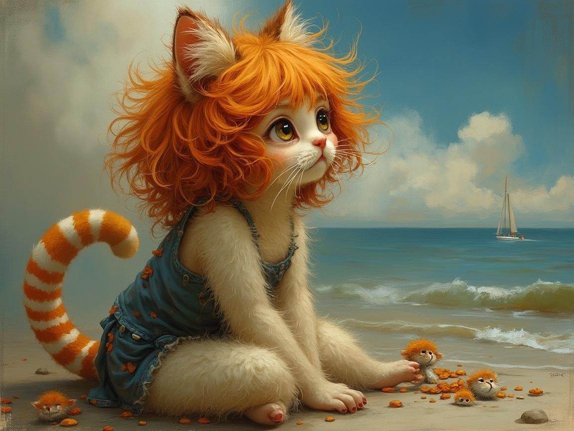 Whimsical Kitten by the Shore with Sea Creatures