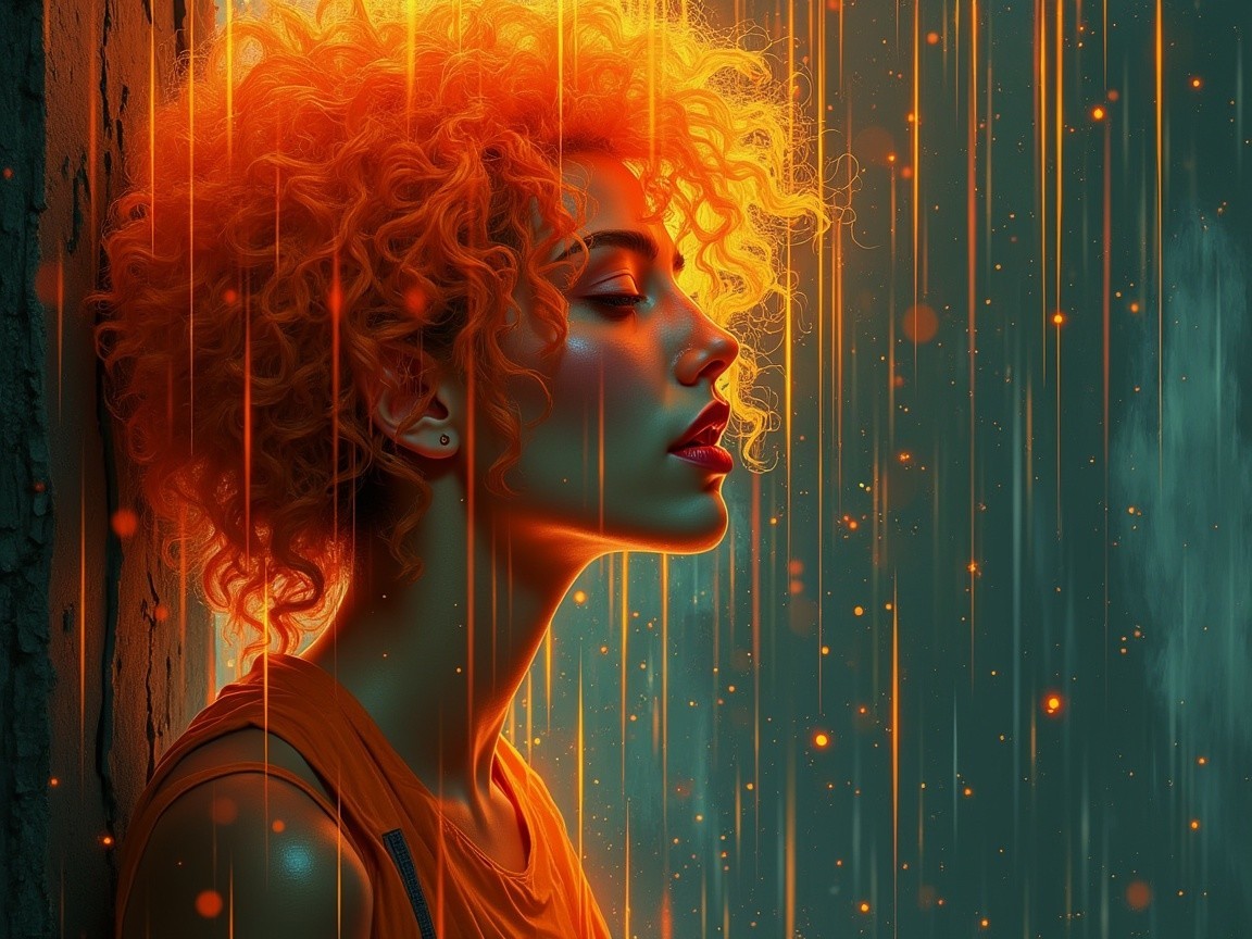 Profile of a woman with vibrant orange curly hair