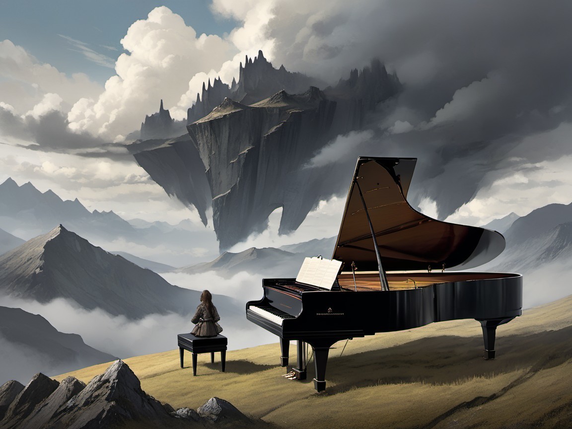 Solitary Figure at Piano in Misty Mountain Landscape