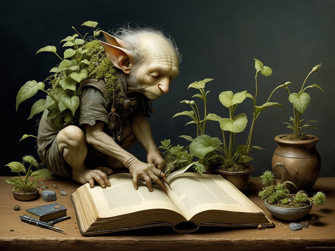 Elderly gnome tending plants with a large book
