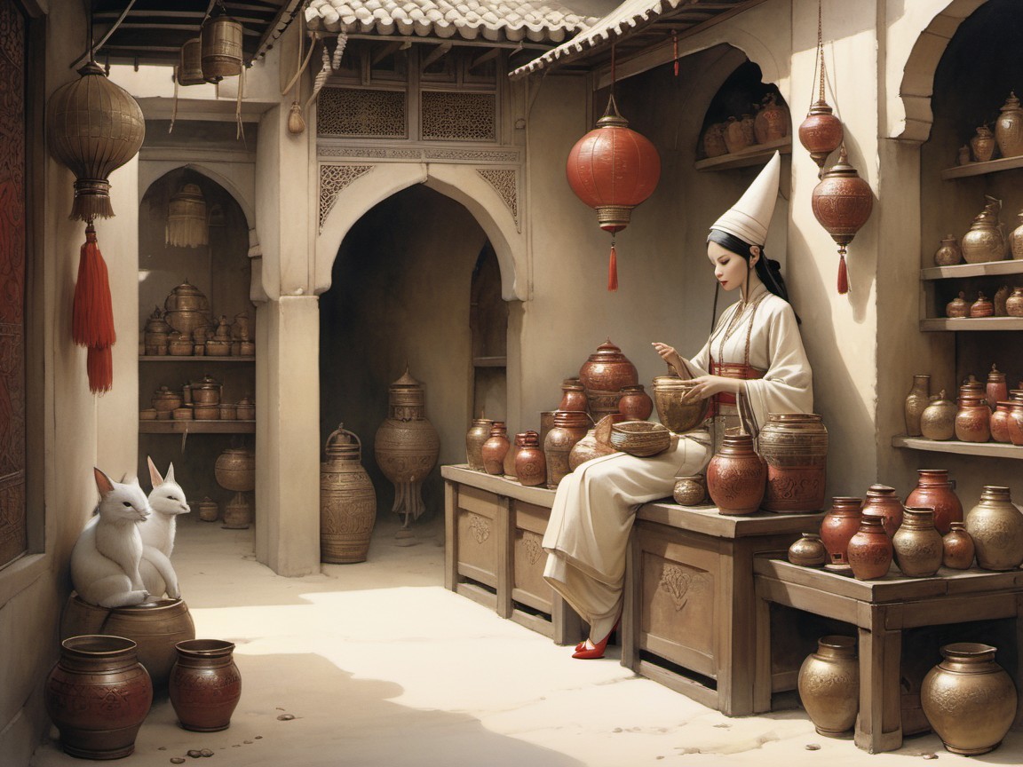 Traditional Pottery Crafting in a Sunlit Marketplace