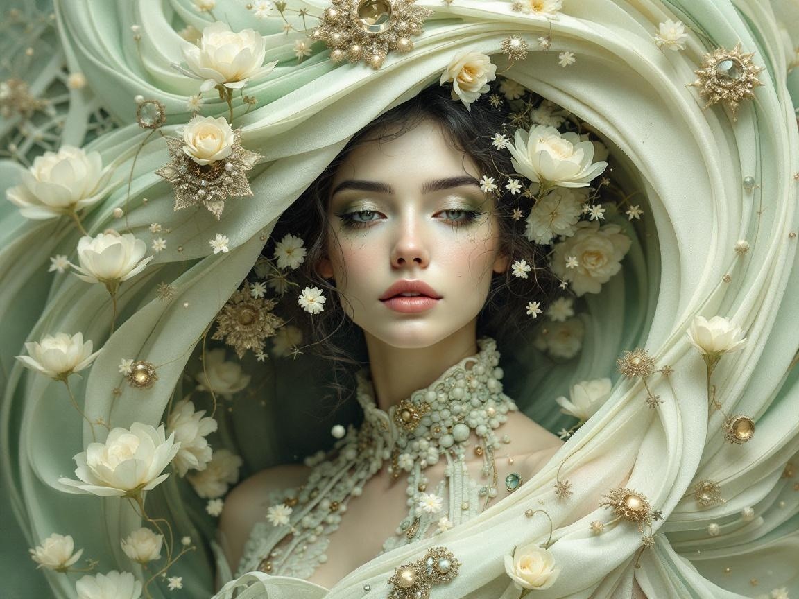 Detailed Digital Painting of a Woman with Pearls and Lace