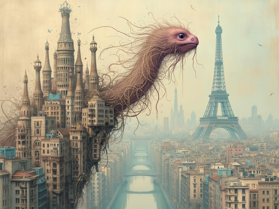 Whimsical Creature and Gothic Castle in Cityscape
