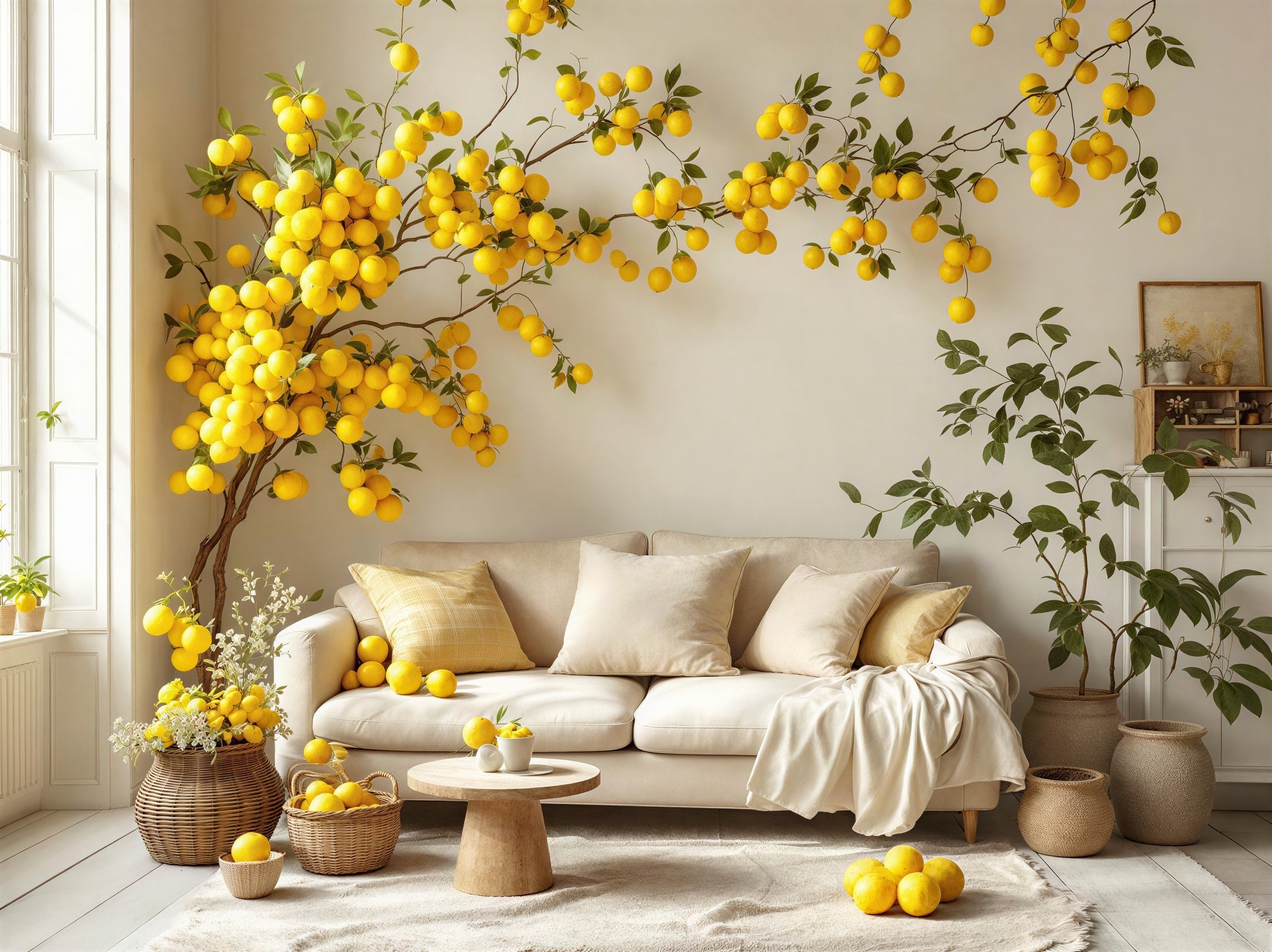 Light and Airy Living Room with Beige Sofa and Plants