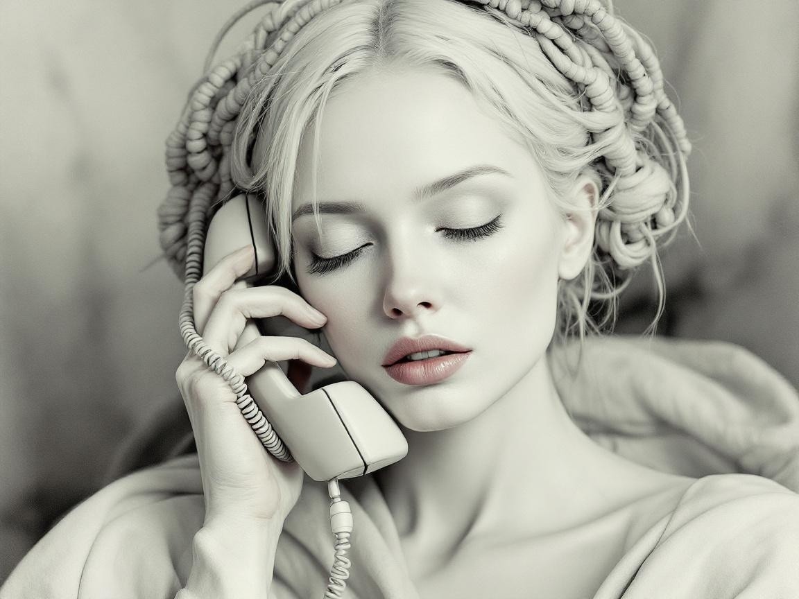 Serene Woman with Vintage Telephone in Monochrome
