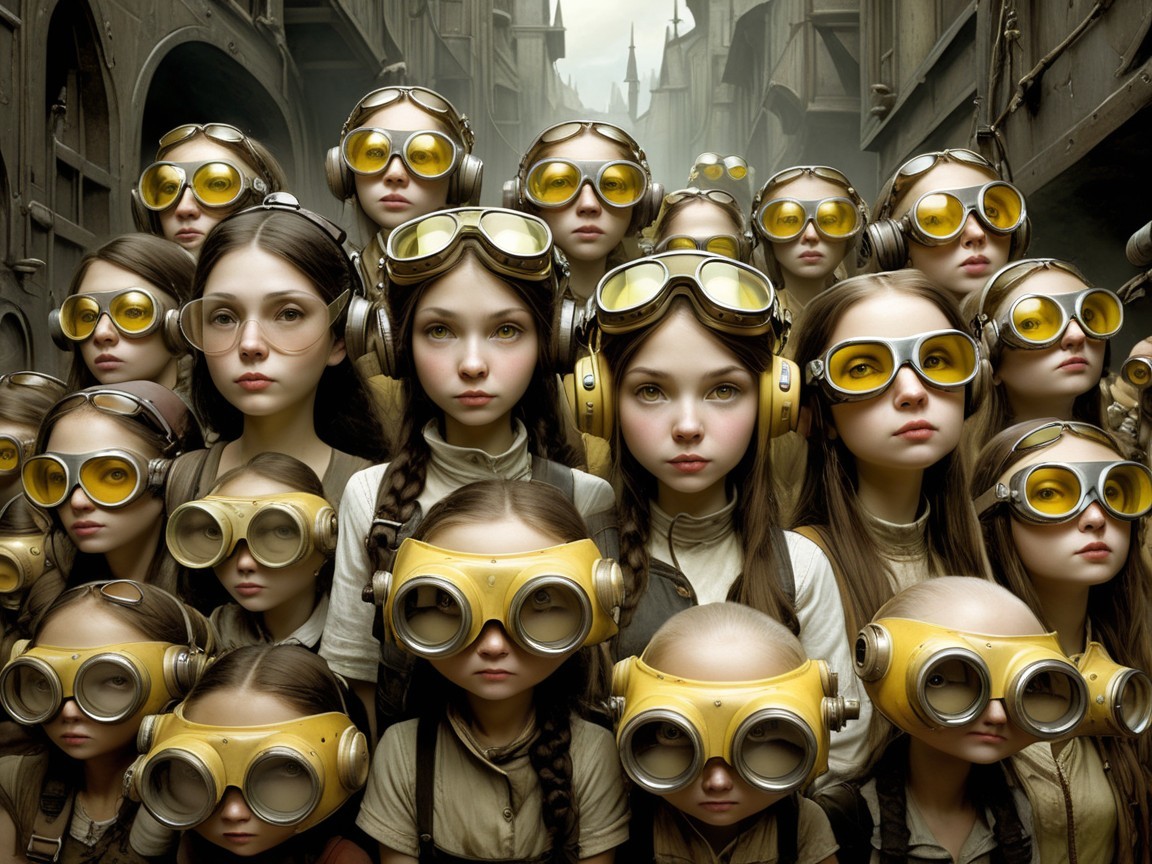 Young Girls in Yellow Goggles in Steampunk Setting
