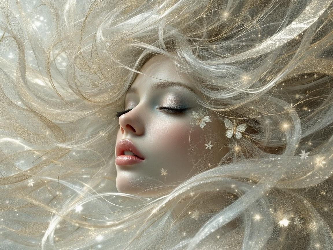 Ethereal Portrait of a Serene Woman with Butterflies