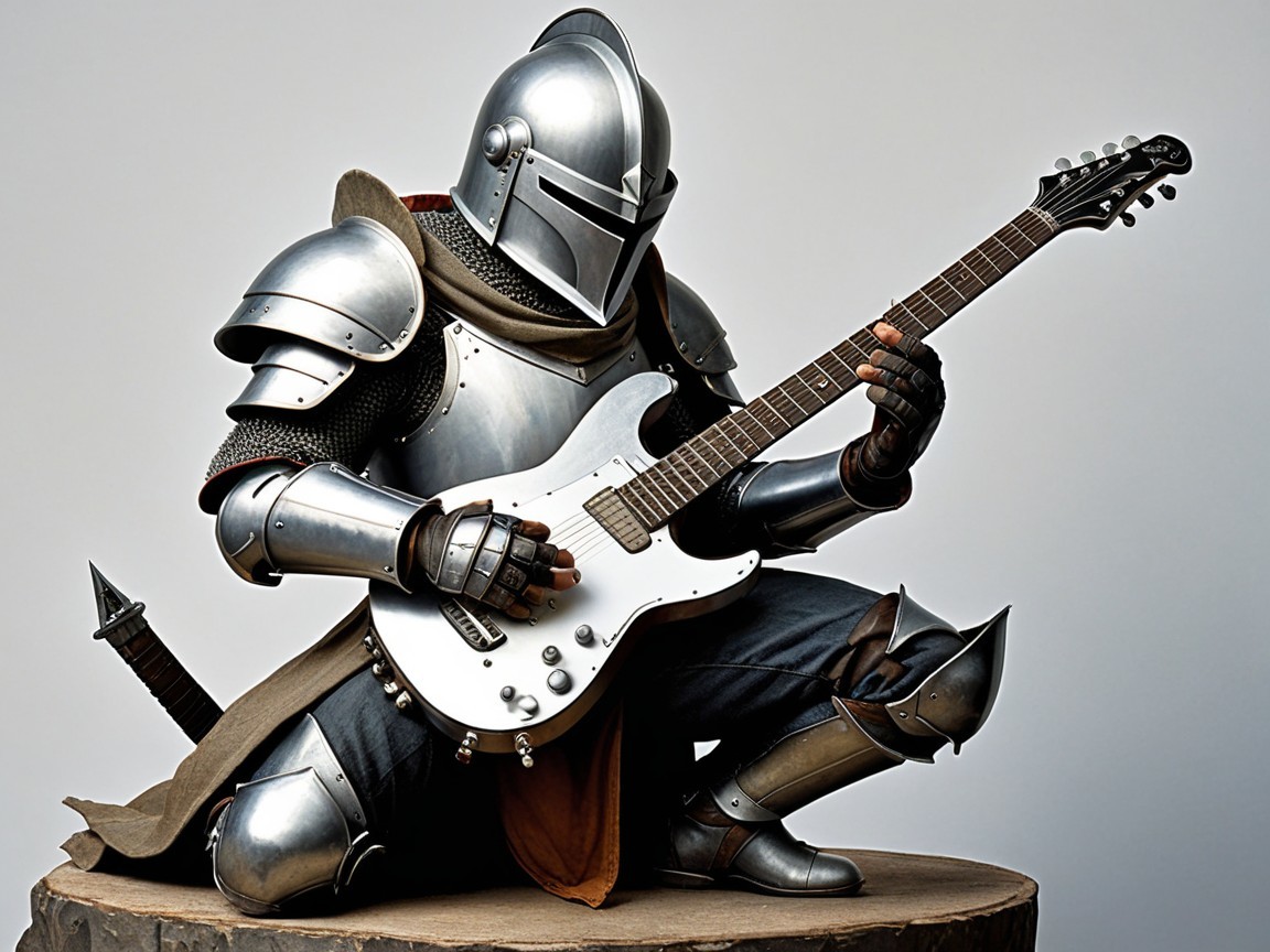 Knight in Armor Playing Electric Guitar on Platform