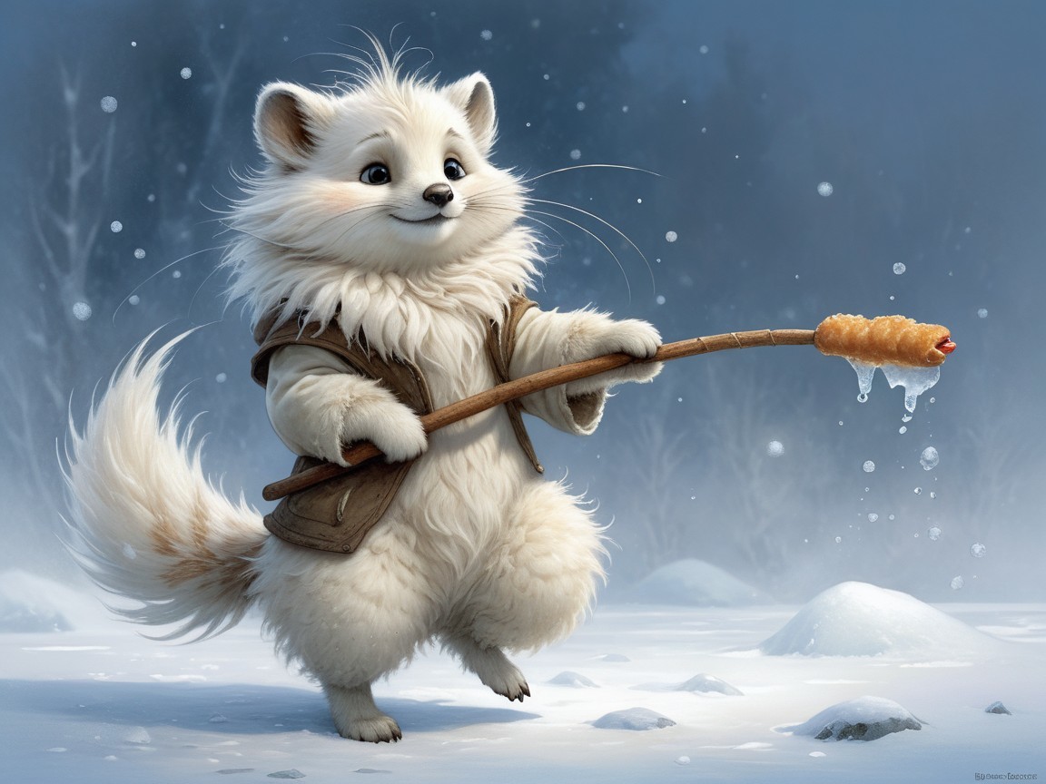 Cartoon Arctic Fox in Snowy Landscape with Treat