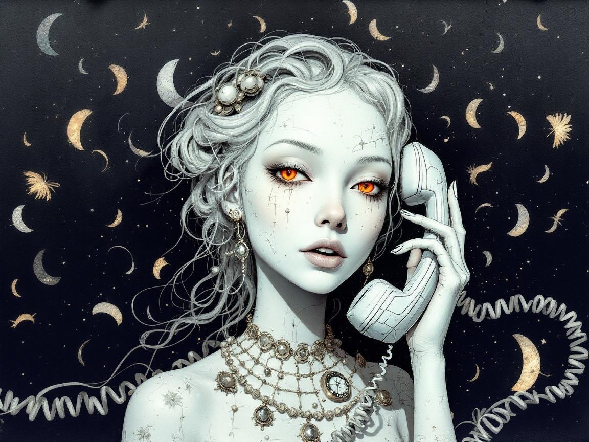 Ethereal Woman with Orange Eyes and Vintage Telephone