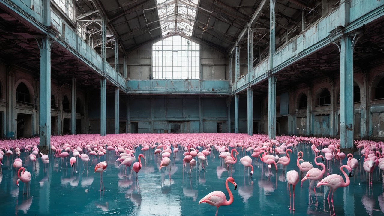 Flamingos in an Abandoned Warehouse with Blue Water