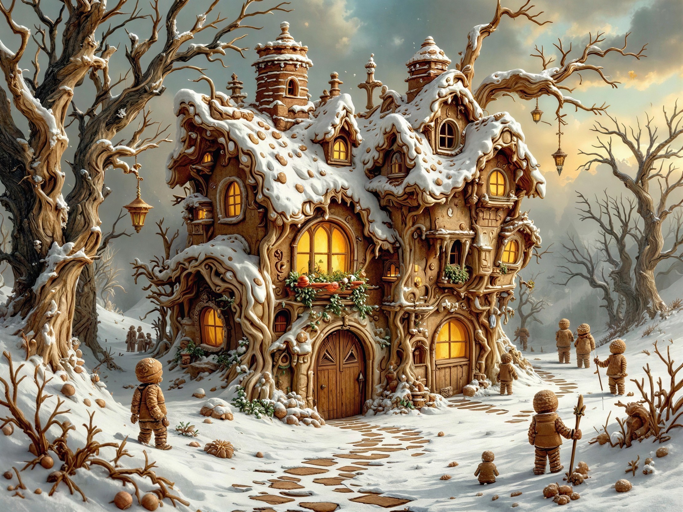 Gingerbread House in a Snowy Fantasy Landscape