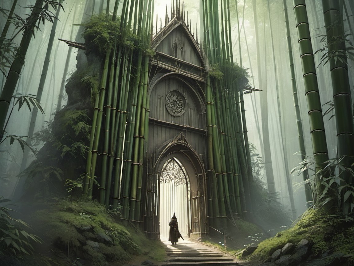 Gothic Structure in a Bamboo Forest with Shadows
