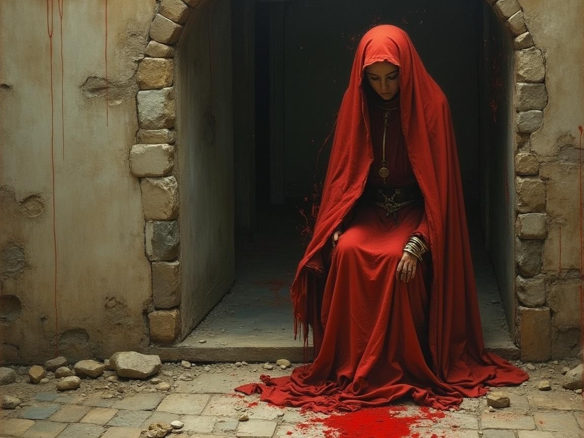 Solitary Figure in Red Cloak Among Ancient Stones