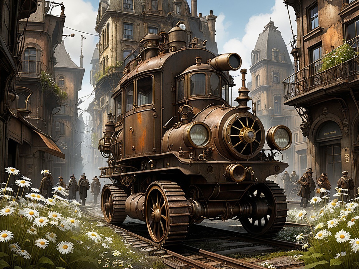 Steampunk City with Rusted Locomotive and Victorian Architecture