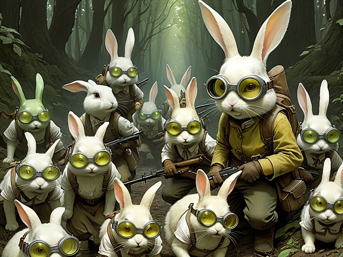 Cartoon Rabbits in Military Attire in a Forest Setting