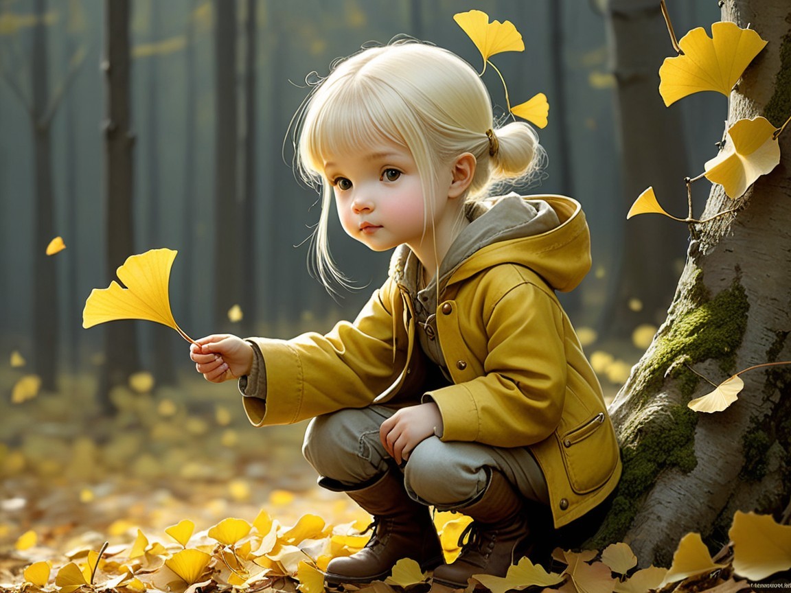 Child in Yellow Jacket Surrounded by Ginkgo Leaves