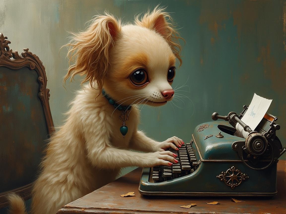 Whimsical Dog Illustration at Antique Typewriter