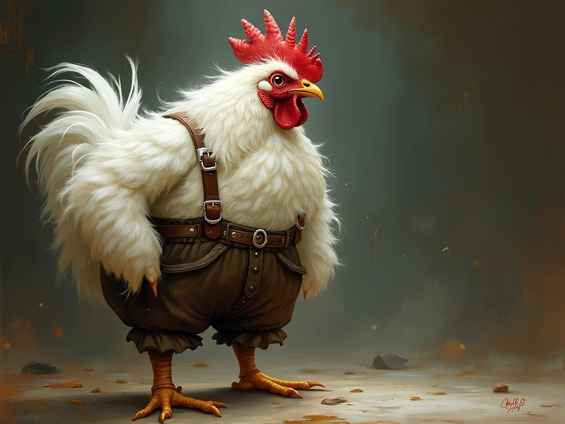 Anthropomorphic chicken in brown suspenders with charm