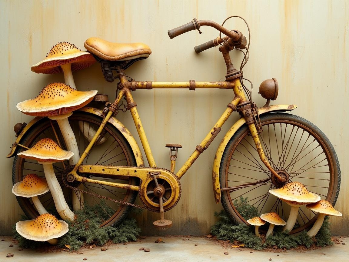 Vintage Yellow Bicycle Surrounded by Whimsical Mushrooms