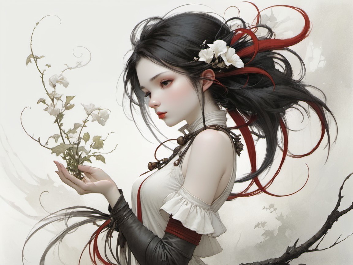 Serene Woman with Plant and Elegant Traditional Outfit