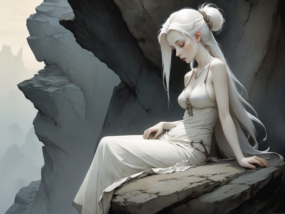 Serene figure in white gown on rocky ledge with mountains
