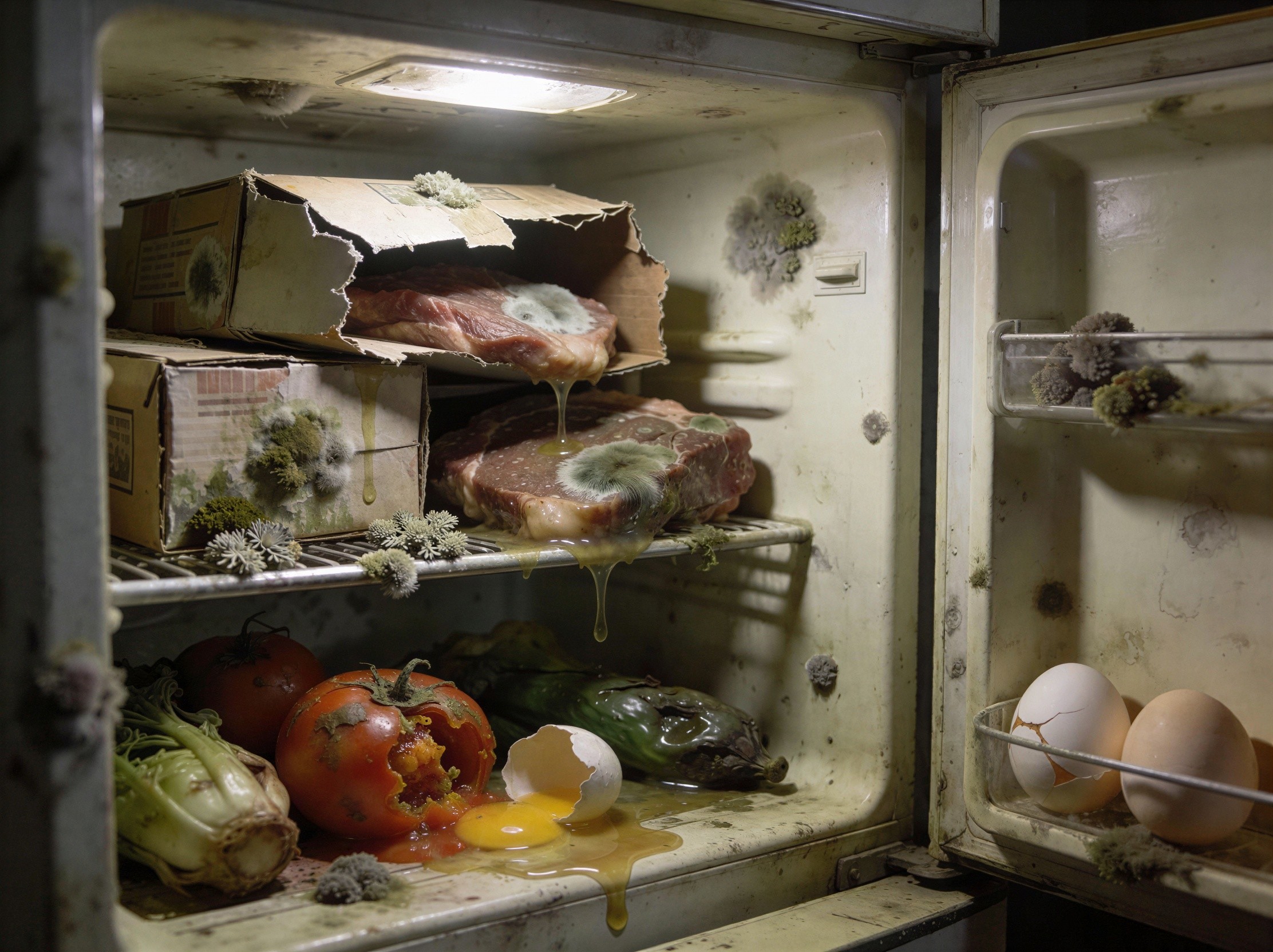 Broken Refrigerator with Moldy Food and Grime