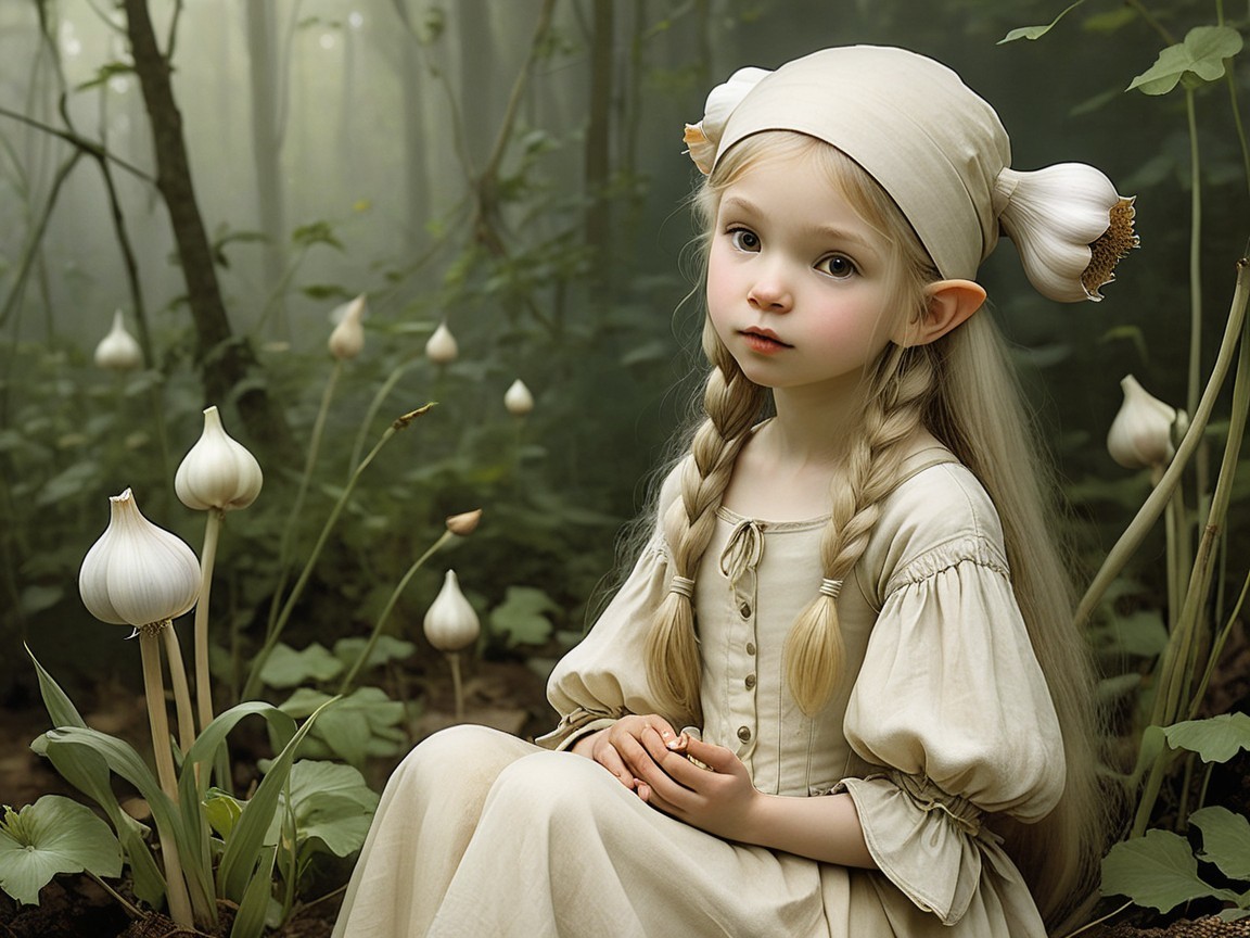 Young girl in cream dress among white flowers in forest