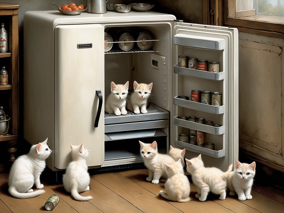 Vintage Fridge with Kittens in a Quaint Kitchen Scene