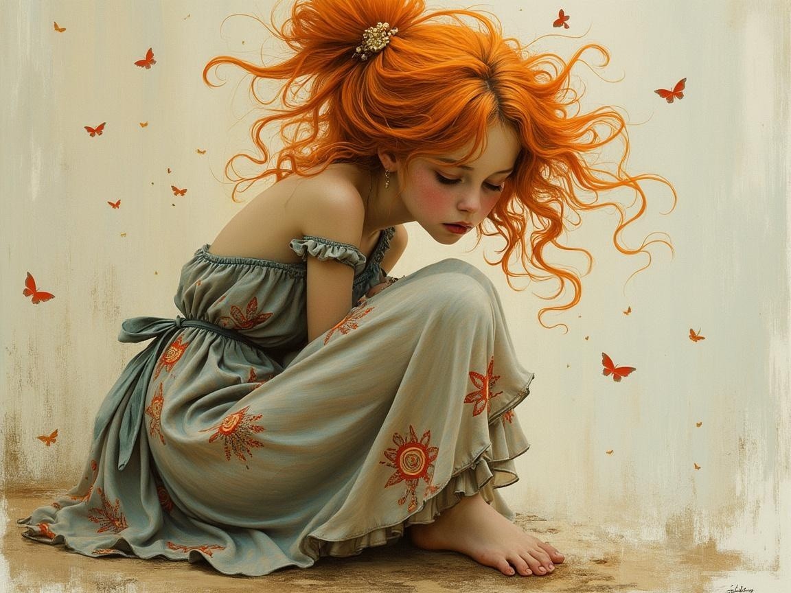 Young girl in blue dress with orange hair and butterflies